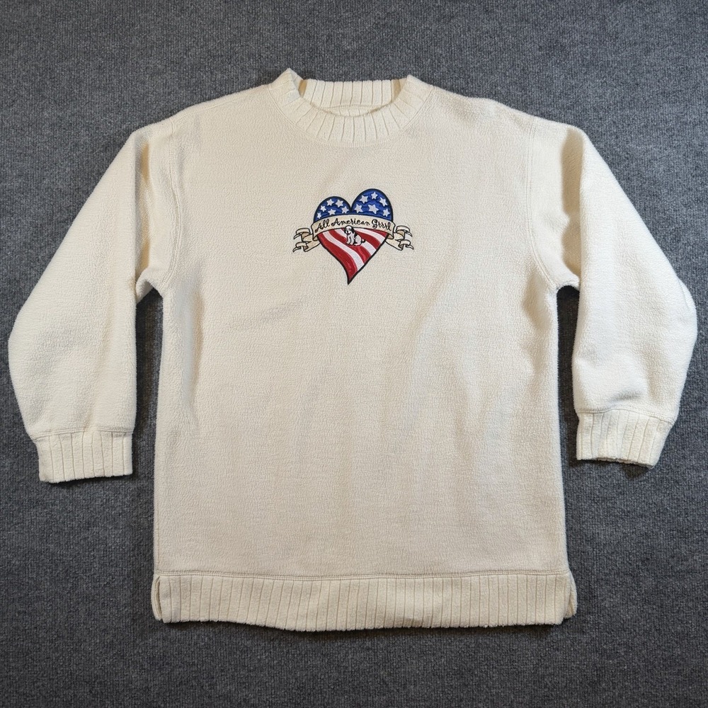 VTG Big Dogs‎ Crewneck Sweater Womens S All American Grrrl Patriotic Heart Y2K
